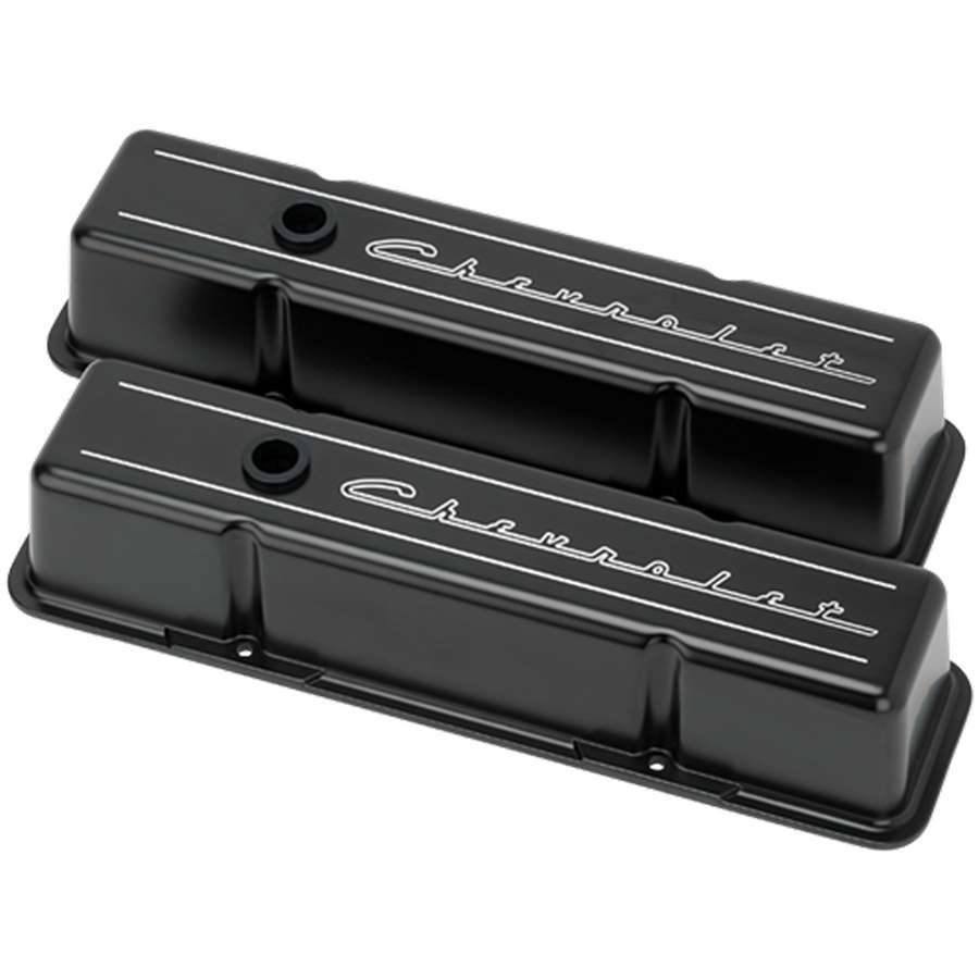 [BSPBLK95223] Billet Specialties - SBC Tall Valve Covers Chevrolet Script Black