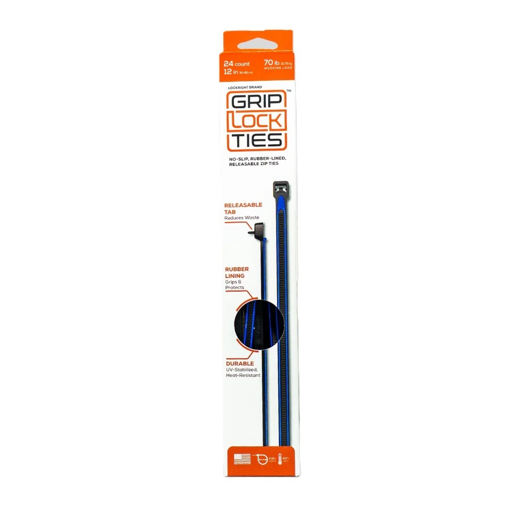 Grip Lock Ties - Zip Ties 12in Releasable Black / Blue 24pk