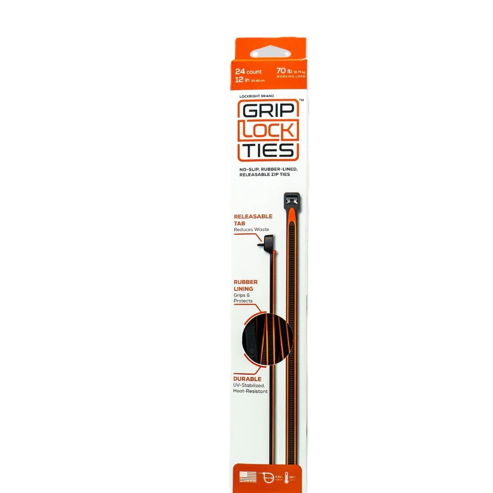 Grip Lock Ties - Zip Ties 12in Releasable Black / Orange 24pk