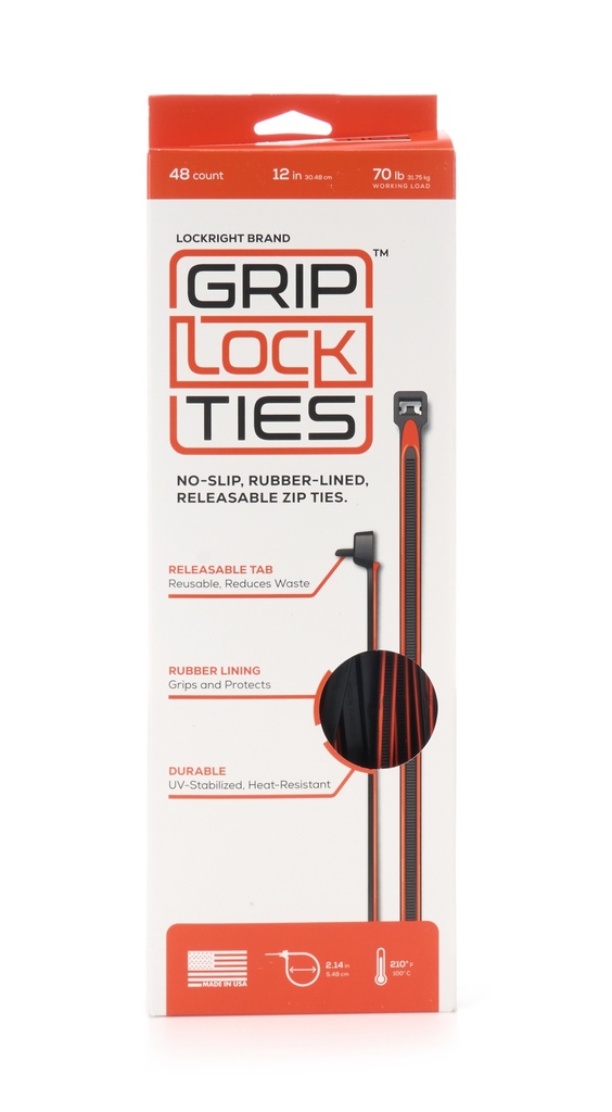 Grip Lock Ties - Zip Ties 12in Releasable Black / Orange 48pk