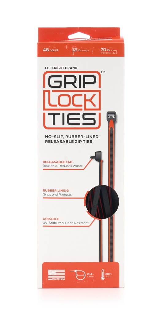 Grip Lock Ties - Zip Ties 12in Releasable Black / Red 48pk