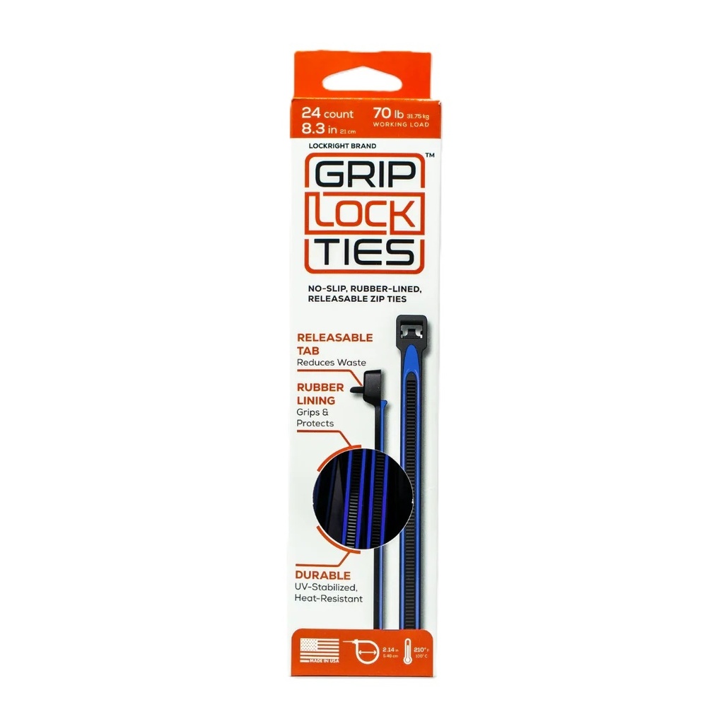 Grip Lock Ties - Zip Ties 8in Releasable Black / Blue 24pk