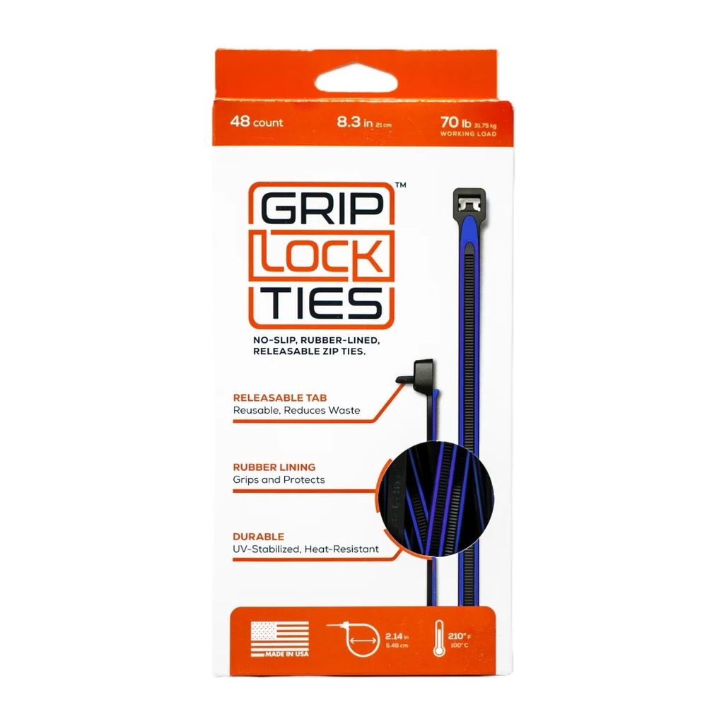 Grip Lock Ties - Zip Ties 8in Releasable Black / Blue 48pk