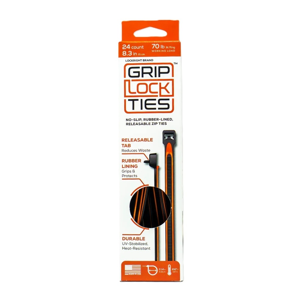 Grip Lock Ties - Zip Ties 8in Releasable Black / Orange 24pk
