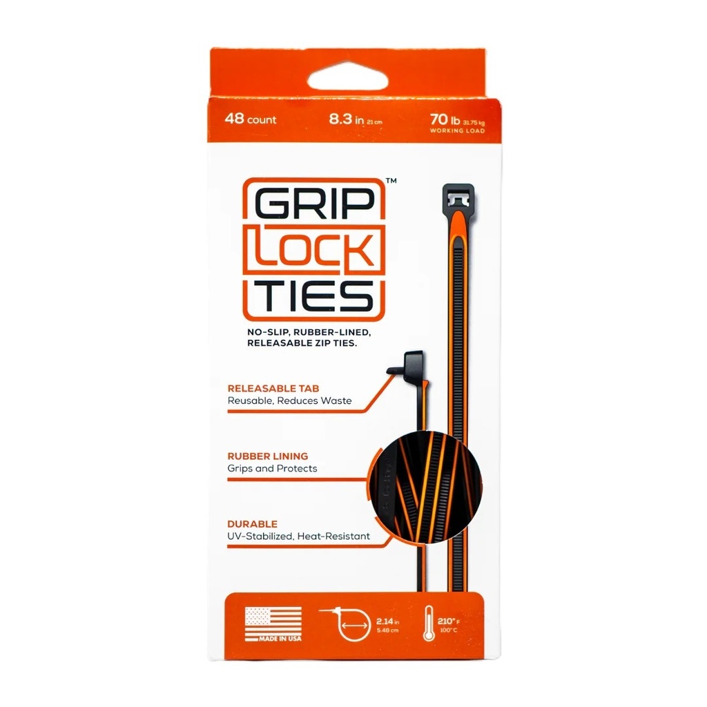 Grip Lock Ties - Zip Ties 8in Releasable Black / Orange 48pk