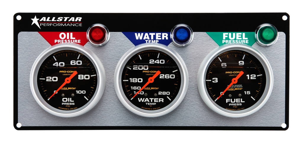 Allstar Performance - 3 Gauge Panel A/M OP/WT/FP Liquid Filled