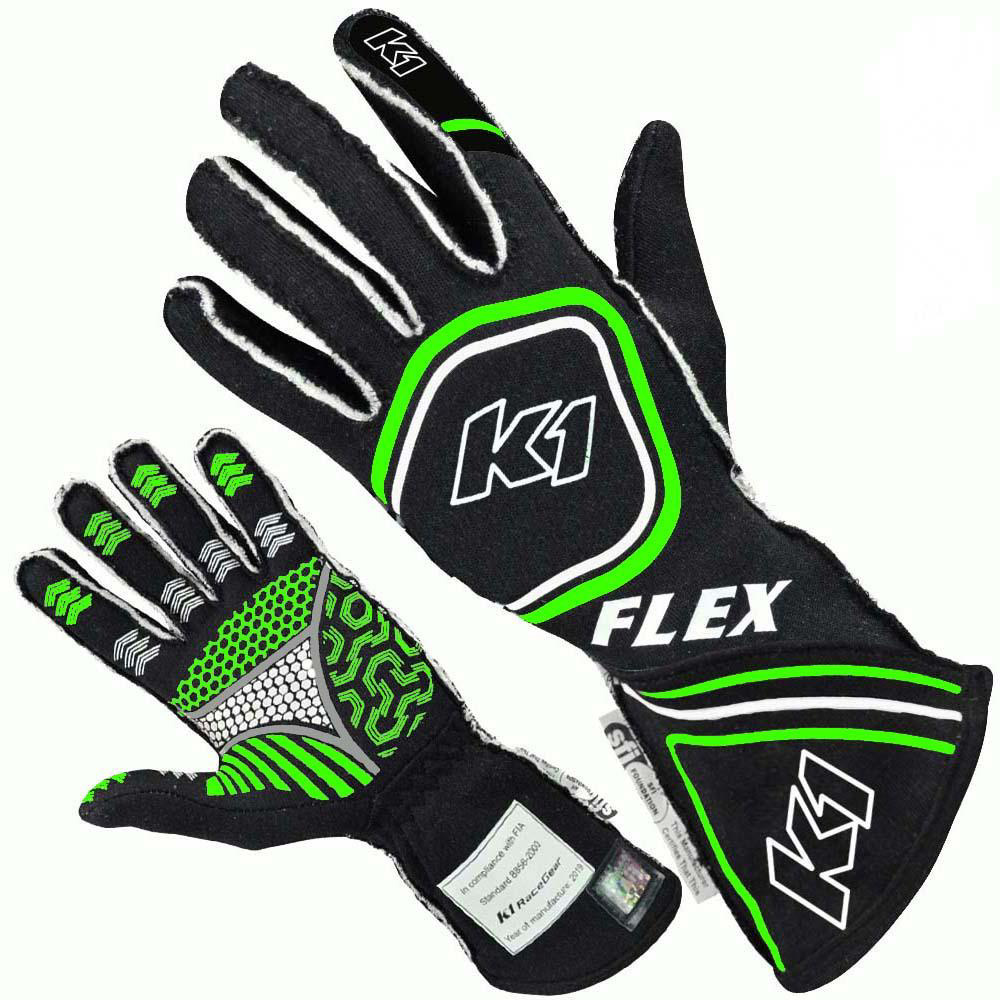 [K1R23-FLX-NFV-S] K1 Racegear - Glove Flex Small Black / Flo Green SFI / FIA